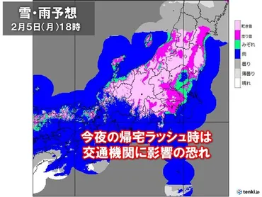 関東甲信・東海 大雪でラッシュ時は交通機関に影響の恐れ 早めの帰宅 早めの起床を(気象予報士 藤川 徹 2024年02月05日) 