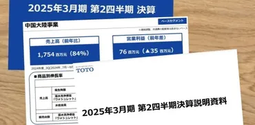 ＴＯＴＯ株が急落 今期中国事業が一転、営業赤字転落の見通し 