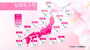 2025桜開花予想: ウェザーニュースと日本気象協会の最新情報(開花、満開、気温の影響?)2025年桜開花予想、今年はどのくらい早く咲く？