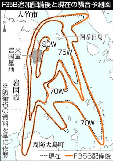 岩国基地の騒音一部増Ｆ３５Ｂ追加配備予測図国が回答