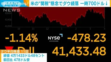 株式市場トランプ大統領の関税政策懸念でダウ一時ドル続落(テレ朝)