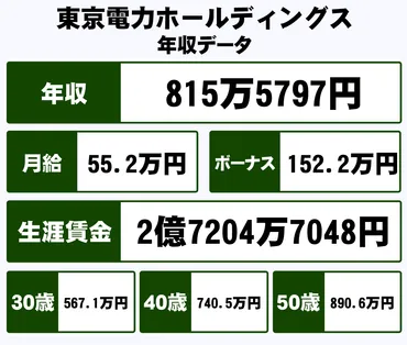 東京電力ホールディングス株式会社の平均年収【万円】生涯賃金やボーナス・年収推移・初任給など