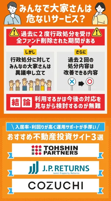 『みんなで大家さん』大丈夫？行政処分と、不動産投資のリスクとは？（みんなで大家さん、不動産投資、行政処分？)行政処分に見る、不動産投資の落とし穴。高利回り、本当に安全？