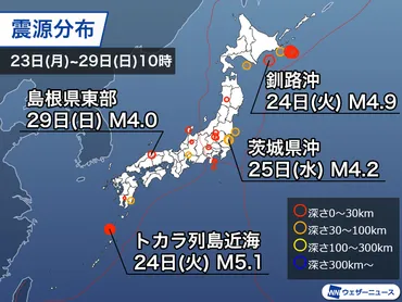週刊地震情報 2025.6.29 関東で半年ぶりに震度4 トカラ列島の群発地震続く 