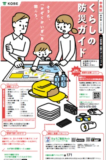 2024年度版『くらしの防災ガイド』が配布されてる。今年度からは「広報紙KOBE」に挟みこみ 