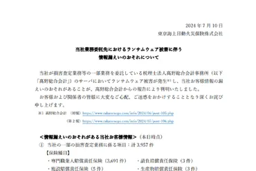 東京海上日動、委託先事業者のランサムウェア被害により、保険契約者や被保険者の個人情報が漏えいの可能性