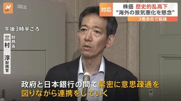 財務省・金融庁・日銀が3者会合で株価乱高下めぐり協議 財務官「政府・日銀で緊密に意思疎通図り連携」 