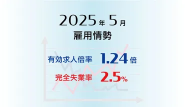 2025年5月の有効求人倍率は1.24倍で前月より0.02ポイント低下（悪化）、完全失業率は2.5％で前月と同率 