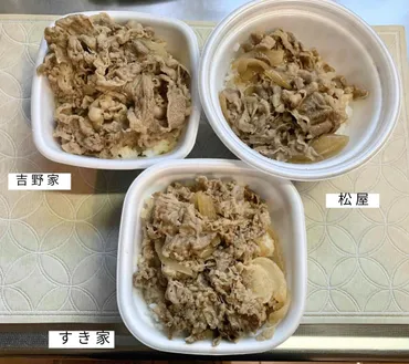 牛丼チェーン徹底比較！吉野家・松屋・すき家、味とコスパを徹底解剖！(？マーク)牛丼チェーン三つ巴！並盛からメガ盛、価格とカロリー徹底比較