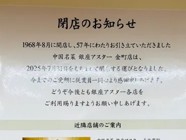 葛飾区】またもや老舗に閉店のお知らせ… 東急ストア金町店２階「銀座アスター 金町店」７月いっぱいで閉店へ 