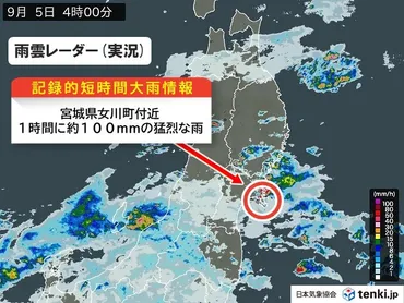 速報】宮城県で1時間に約100ミリの猛烈な雨 「記録的短時間大雨情報」が発表(気象予報士 日直主任 2025年09月05日) 