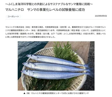 ふくしま海洋科学館との共創によるサステナブルなサンマ養殖に挑戦～ マルハニチロ サンマの事業化レベルの試験養殖に成功