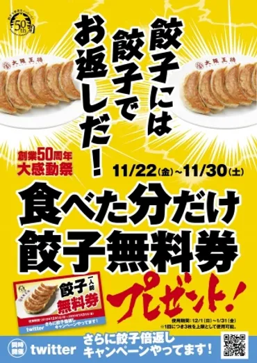 創業50周年!大阪王将大感動祭<第3弾>~「食べた分だけ餃子無料券プレゼントキャンペーン」を開催!Twitterでは「餃子倍返しツイッターキャンペーン」も同時開催!