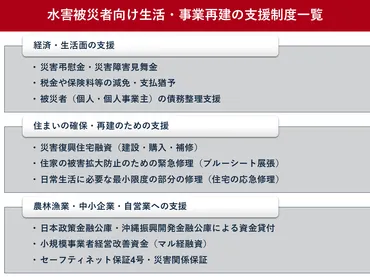 台風・洪水時の水害被災者向け生活・事業再建の支援制度 内閣府がまとめ
