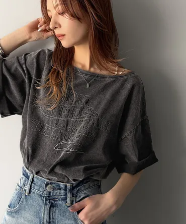 classicalelf tシャツ 綿100%ヴィンテージウォッシュ前後2way刺繍オーバーサイズワイドネックTシャツ レディース :  ZOZOTOWN Yahoo!店 